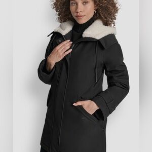DKNY Mid Length Coat with Faux Fur Hood